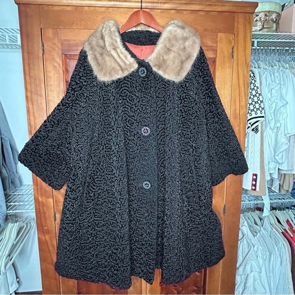 Vintage Astrakin Lepshire Longline Curly Persian Lamb Wool Coat Mink Fur Collar